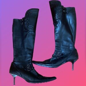 Y2K Materia Prima Fentini black buckle moto pointy toes leather boots tall